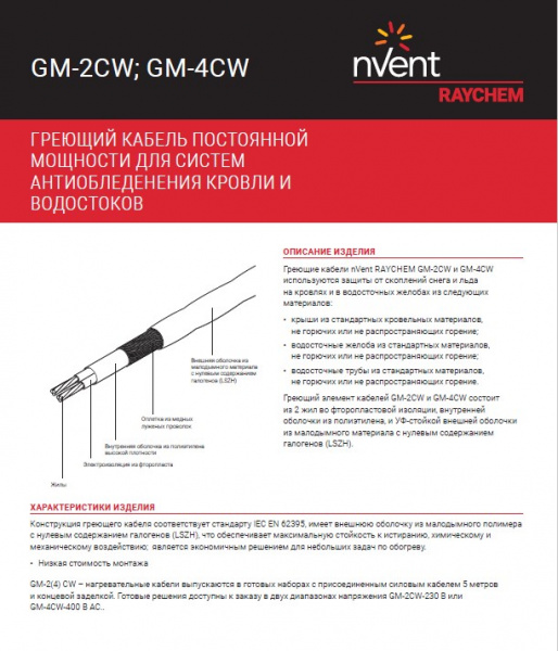 Греющий кабель GM-2CW ~ 30Вт/м 230V для антиобледенения кровли